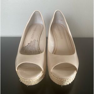 Franco Sarto Nude Patent Open Toe Wedge - 6M